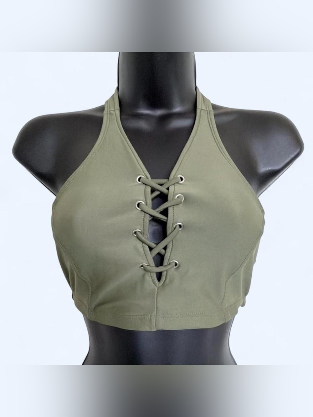 New Old Navy M Olive Green Grommet Lace-Up Halter Bikini Cami Top Indie Festival